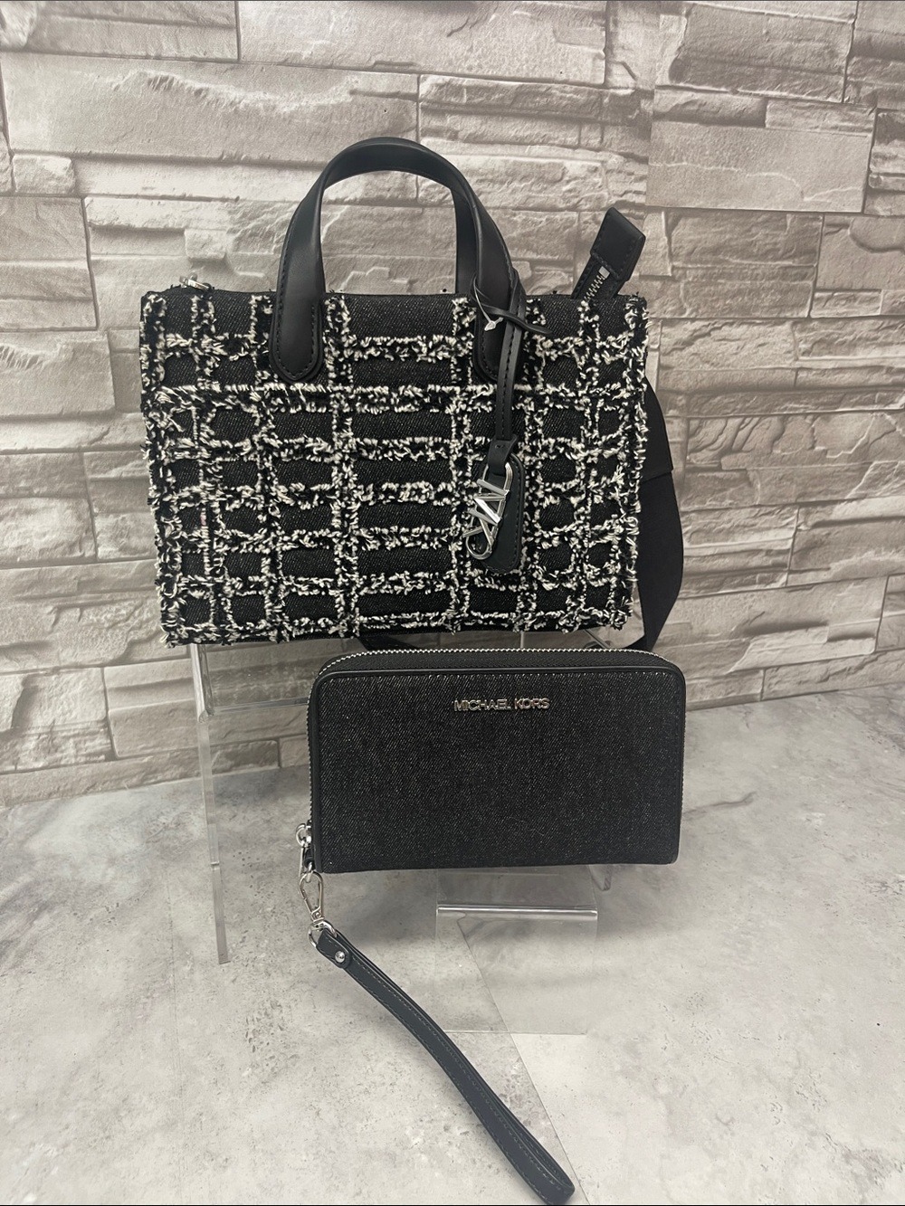 Michael Kors Black & White  Shag Tweed Satchel & Wallet Black Denim